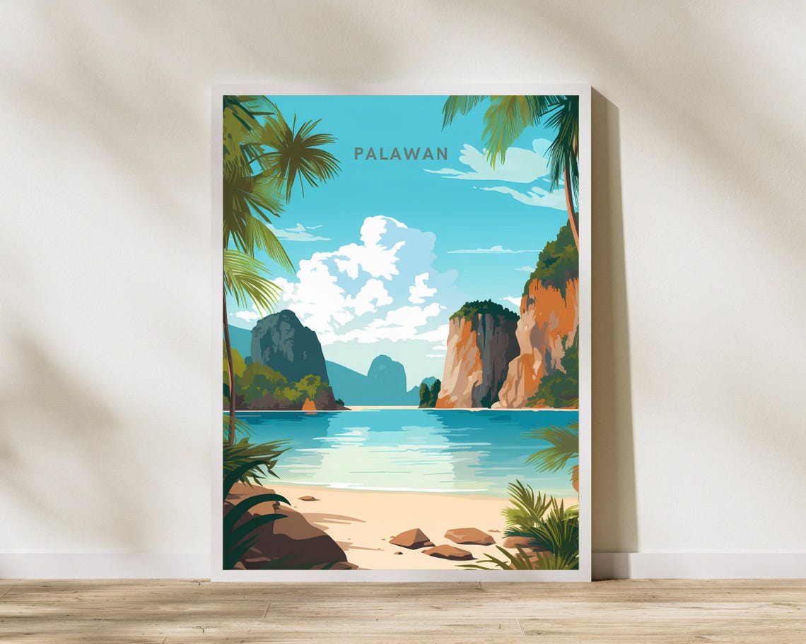 Palawan Philippines Tropical Beach Limestone Cliffs Palm Trees Poster