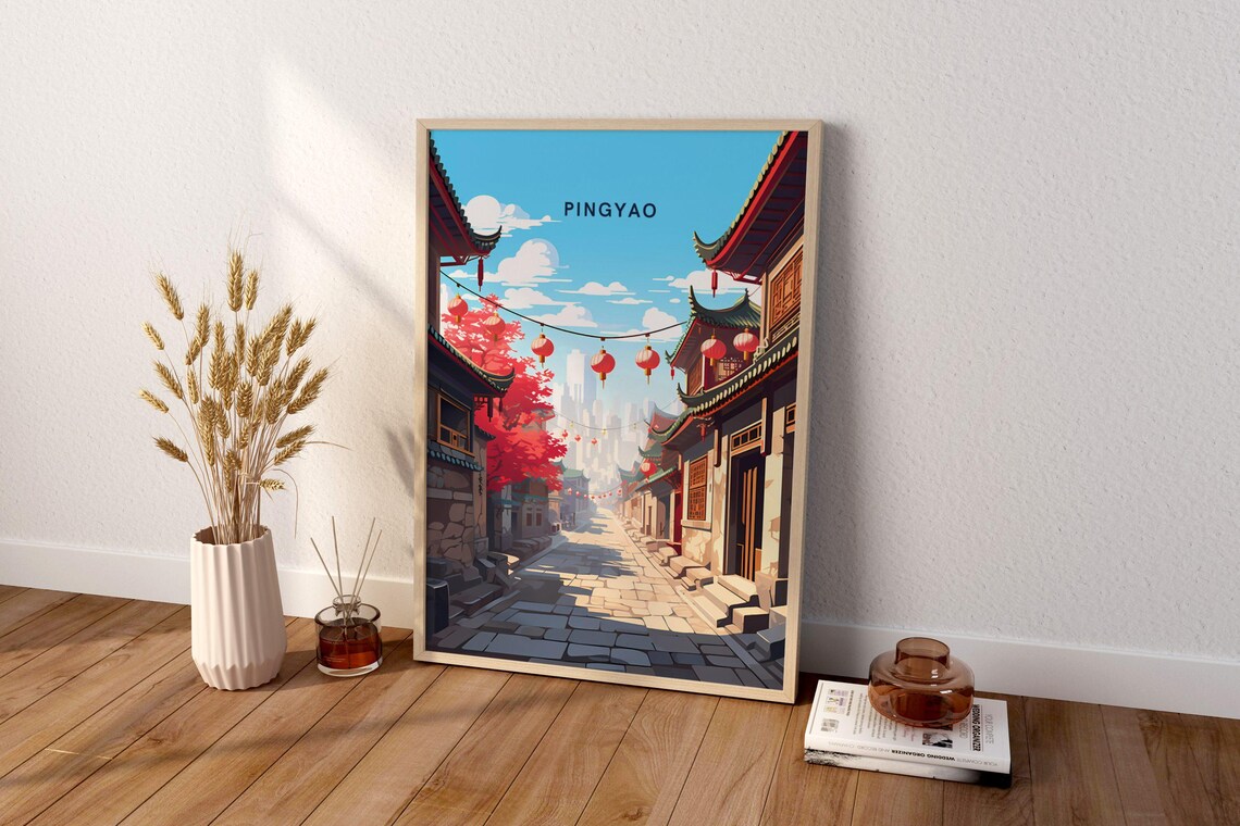 Pingyao Ancient City Street With Red Lanterns China Travel Poster