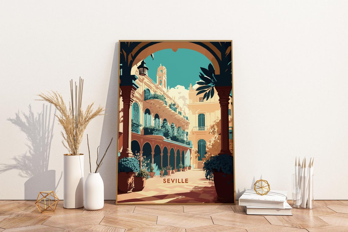Seville Spain Travel Poster Sunlit Courtyard with Arched Colonnade