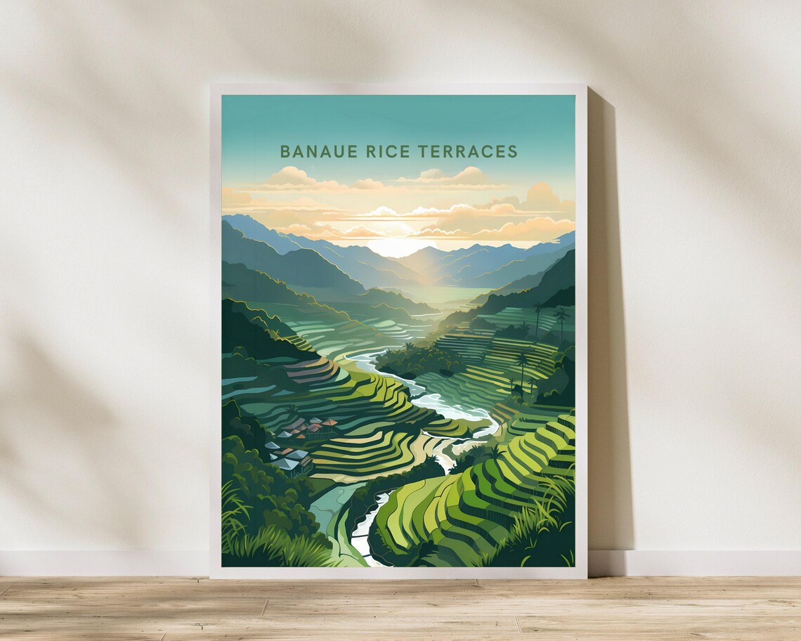 Banaue Rice Terraces Philippines Emerald Sunrise Vintage Travel Poster