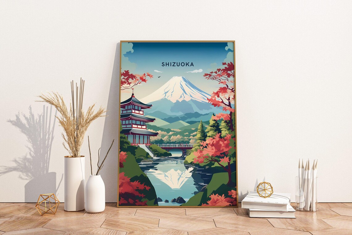 Shizuoka Japan Mount Fuji Pagoda Lake View Retro Travel Poster