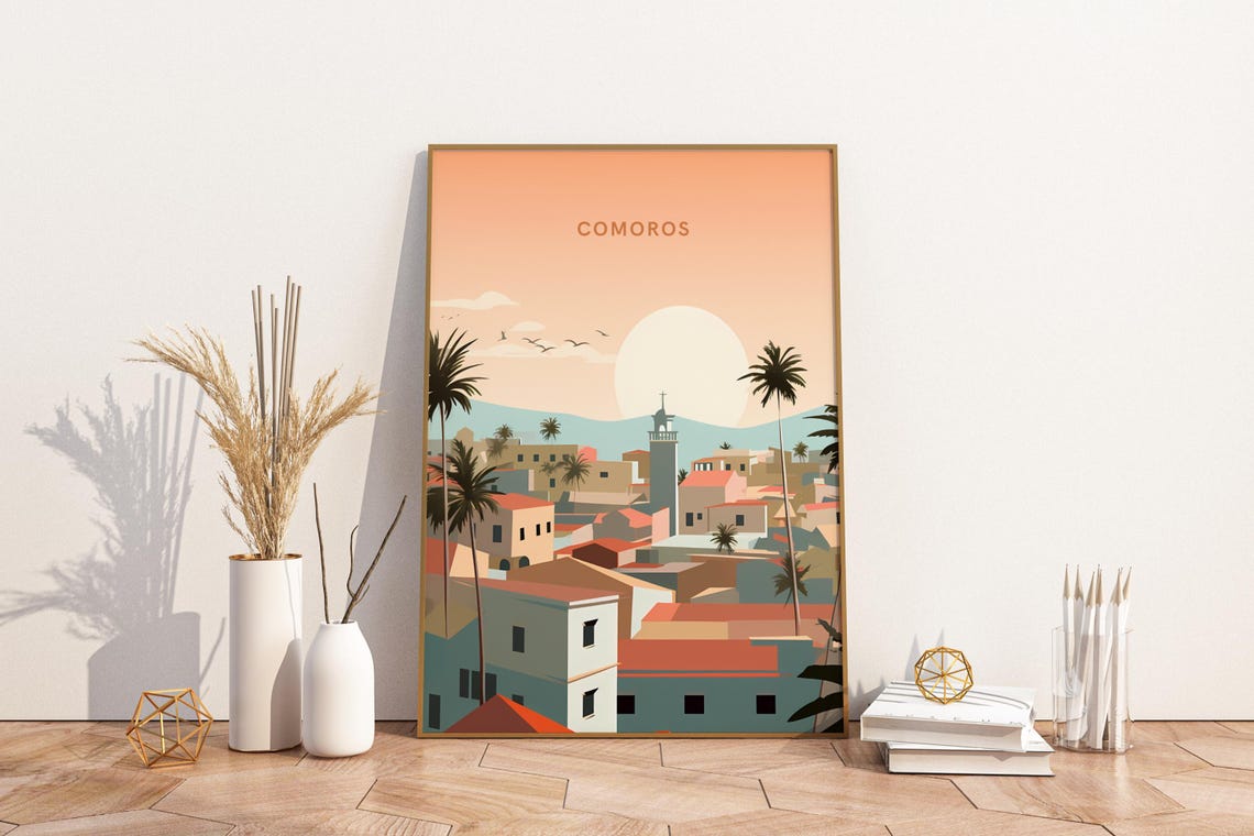 Comoros Africa Sunset Harbor Town Illustration Travel Poster