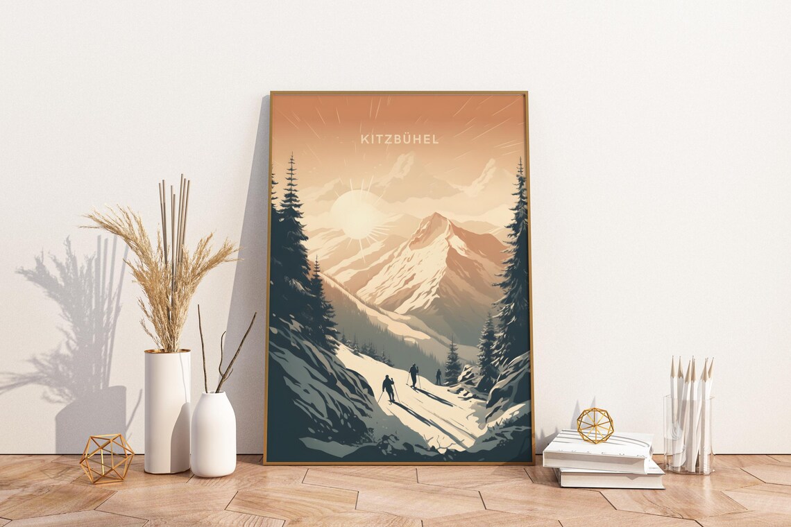 Kitzbuhel Austria Alpine Ski Slopes Sunrise Vintage Travel Poster