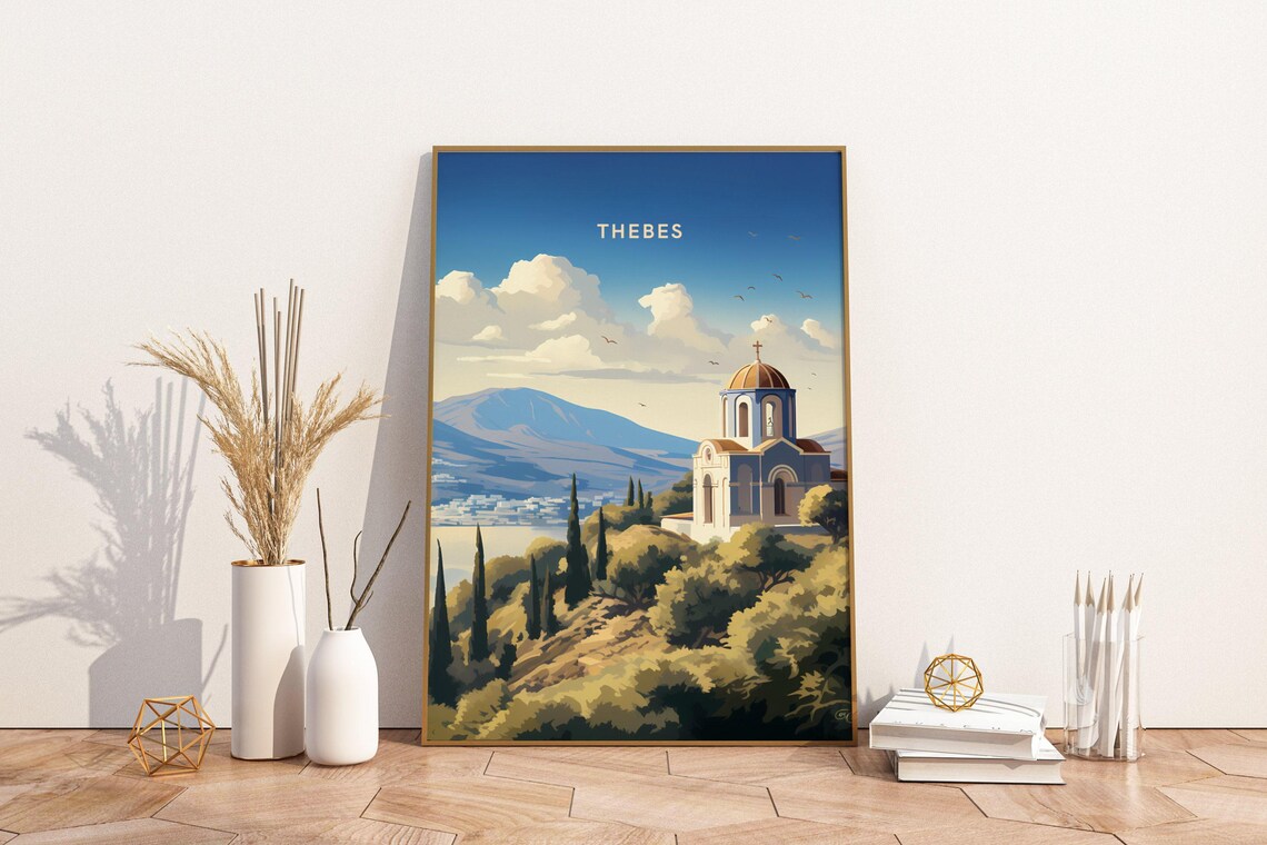 Thebes Greece Domed Church on Cypress Hill Scenic Travel Poster