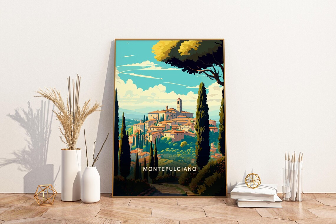 Montepulciano Tuscany Hilltop Town Cypress Trees Travel Poster