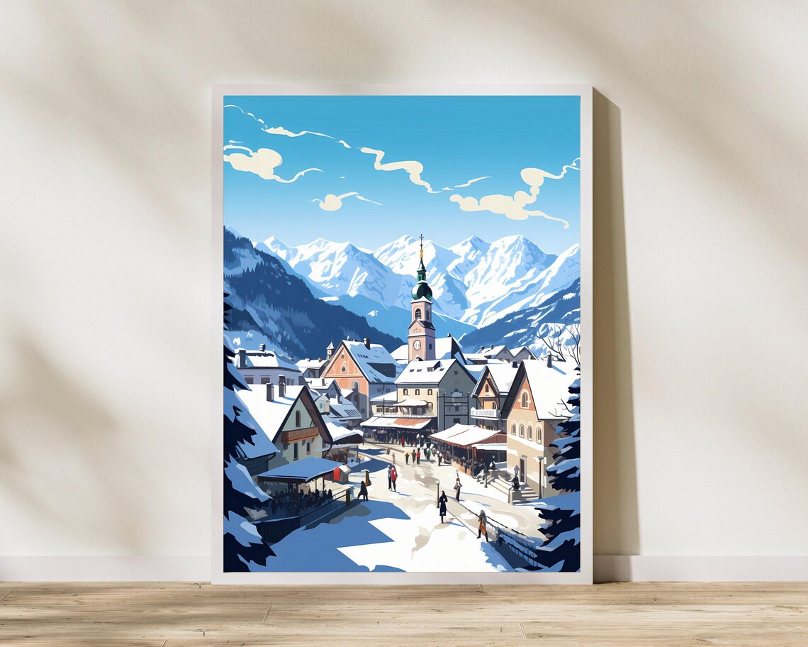 Alpine Village Winter Snow Mountain Church Town Travel Poster