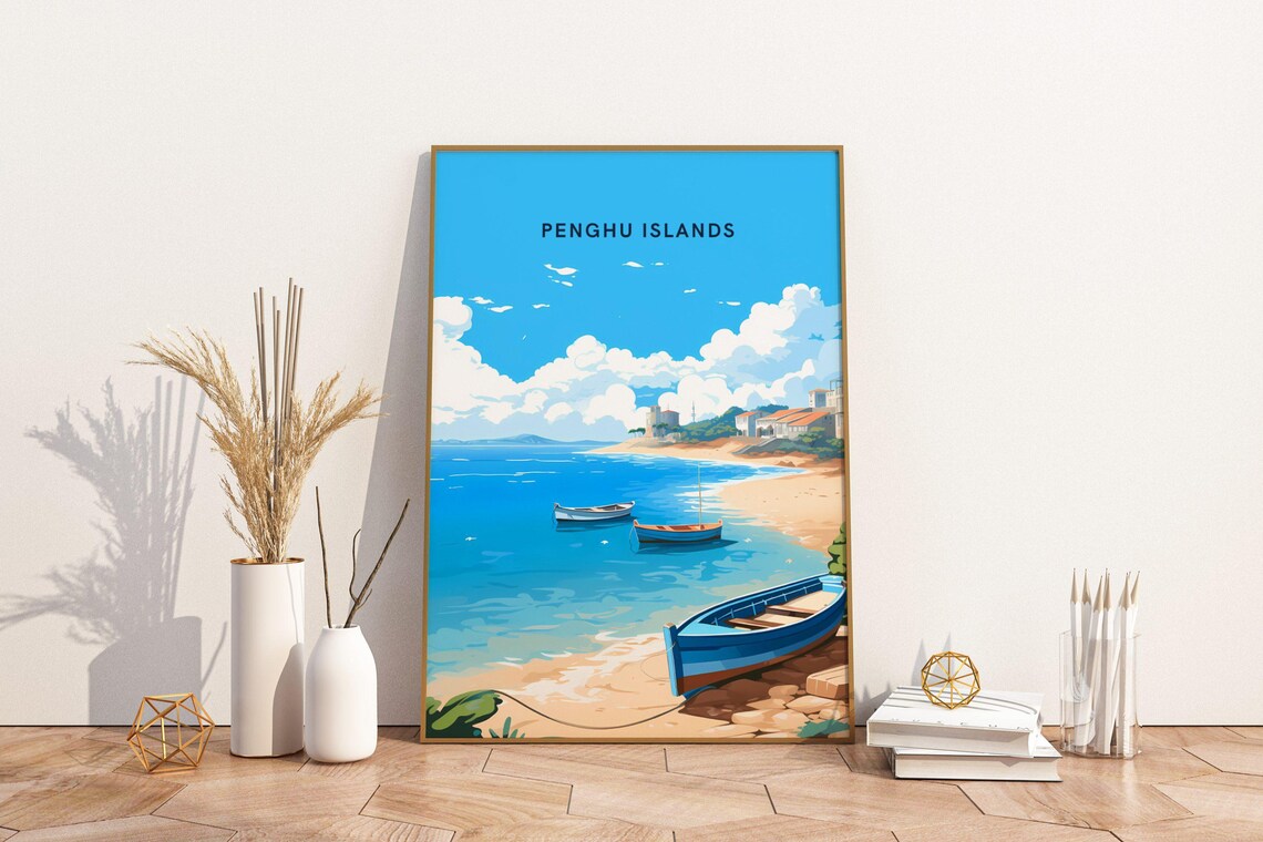 Penghu Islands Taiwan Beach Boats Vintage Travel Style Art Poster