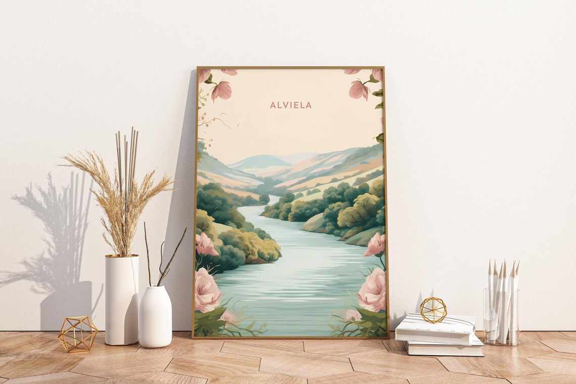 Alviela Portugal Soft Pastel River Valley Floral Hills Travel Poster