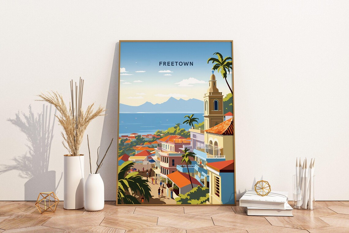 Freetown Sierra Leone Travel Poster Coastal Town Church Tower Bay View