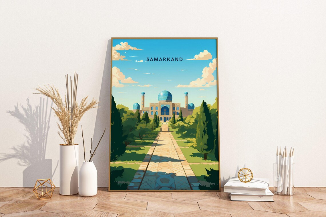 Samarkand Uzbekistan Blue Domed Mosque Vintage Travel Poster