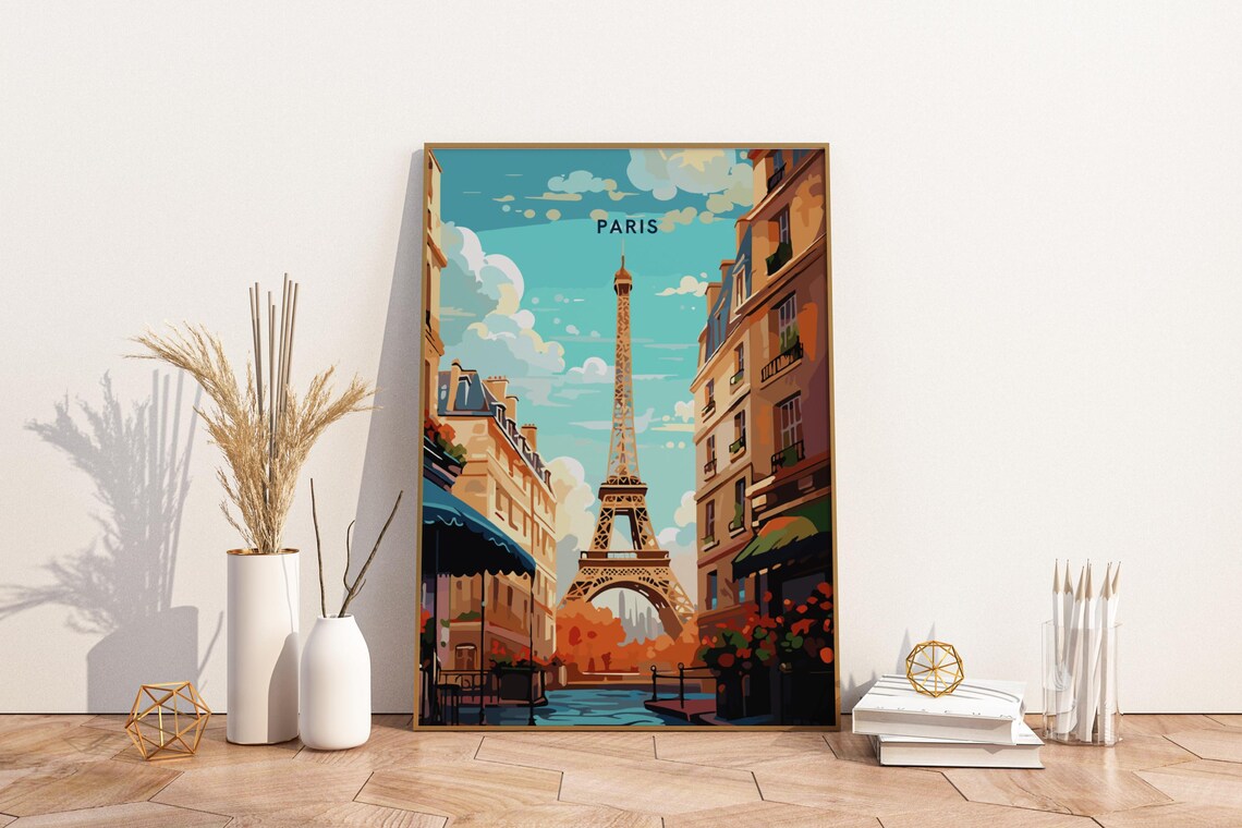 Paris Eiffel Tower Street Scene Vintage French Travel Poster