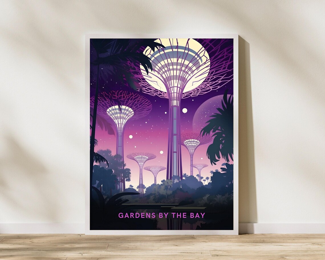 Singapore Gardens by the Bay Supertrees Night Neon Illustration Poster