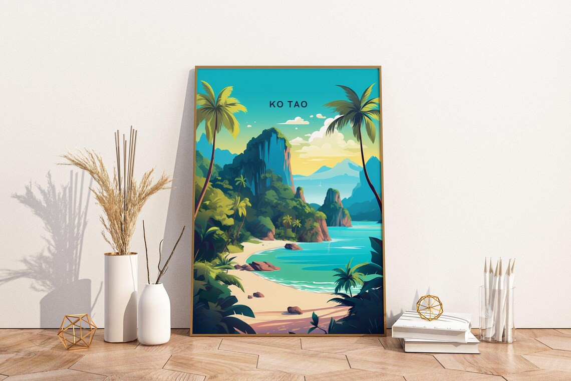 Ko Tao Thailand Beach Cliffs Palm Trees Turquoise Bay Travel Poster