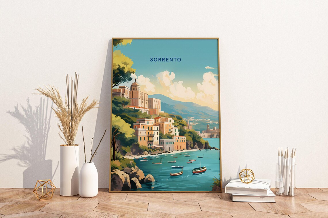 Sorrento Italy Coastal Cliffside Vintage Mediterranean Travel Poster