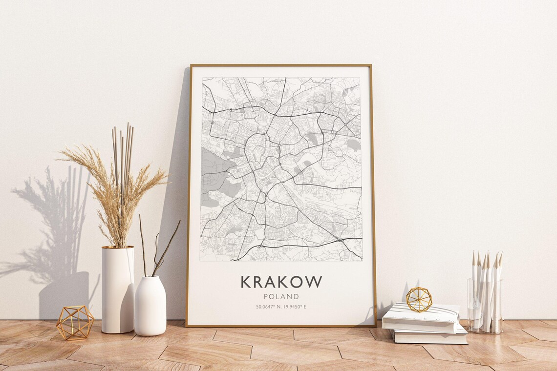 Krakow Poland Minimalist Black White City Map Coordinates Poster