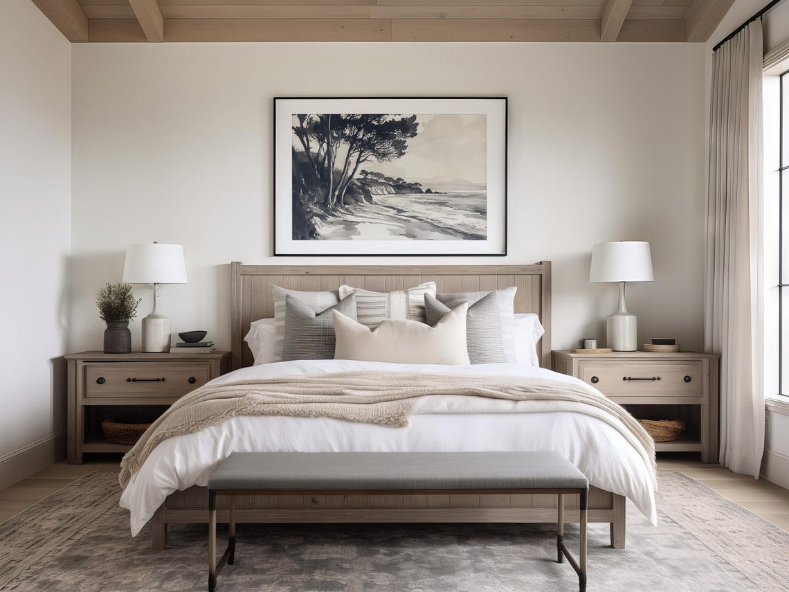 Monochrome Serene Beach Ink Wash Minimalist Coastal Scene Wall Print