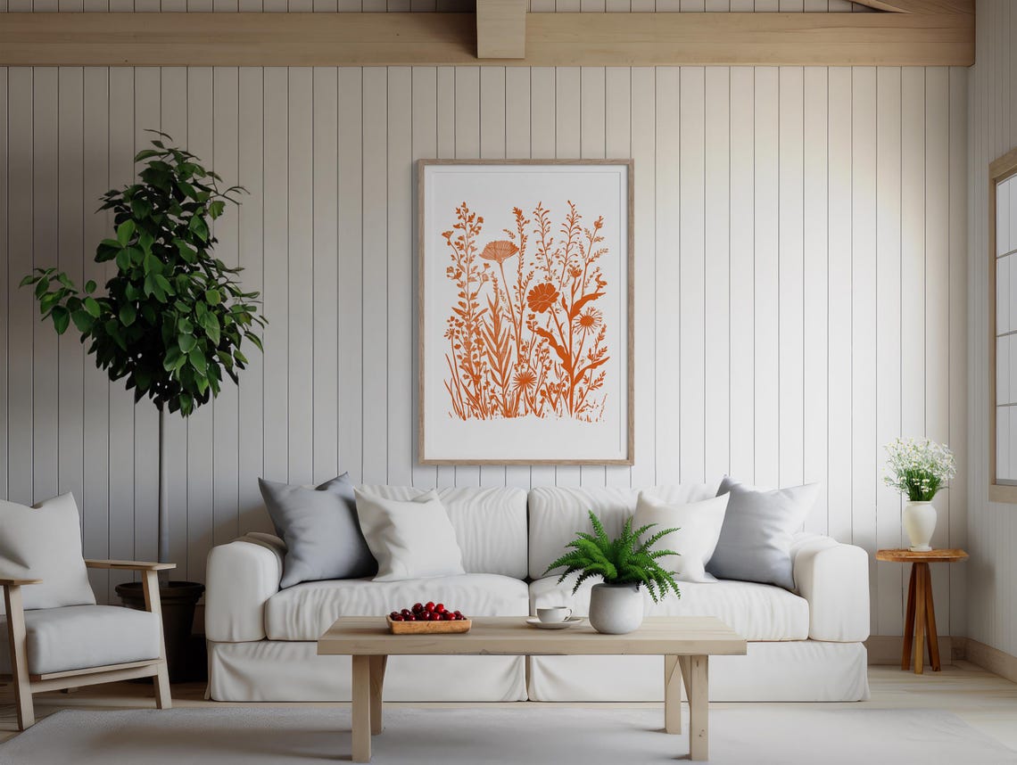 Woodblock Print Orange Wildflowers Botanical Summer Wall Art