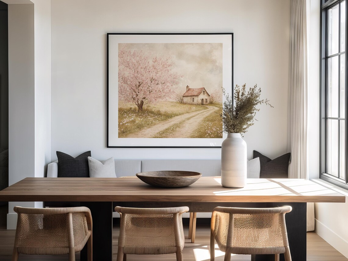 Vintage Countryside Cherry Blossom Cottage Winding Lane Print
