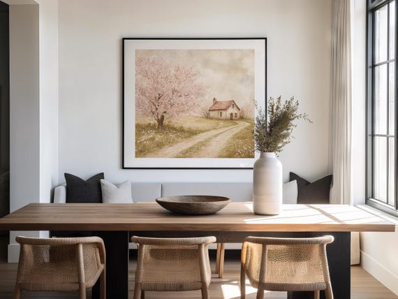 Vintage Countryside Art Print Cherry Blossom Tree And Cottage Landscape