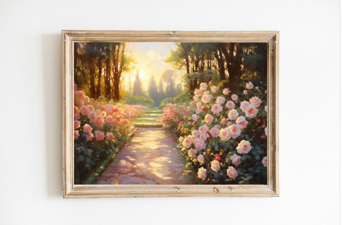 Sunlit English Rose Garden Path At Golden Hour Oil Painting Poster