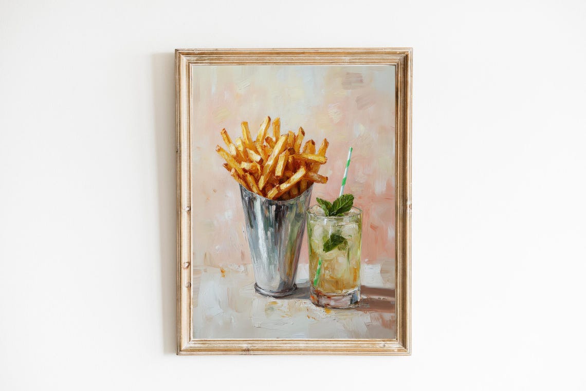 French Fries and Mojito Cocktail Vintage Bar Cart Art Poster