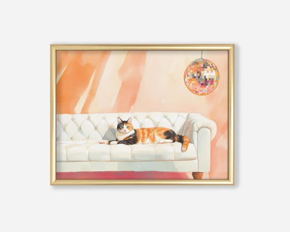 Calico Cat With Disco Ball Art Print Cute Quirky Whimsical Cocktail Bar Cart Decor Fine Gift Trendy Home Wall
