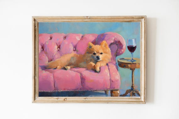 Pomeranian With Red Wine Fine Art Print Wall Girly Pink Cute Quirky Whimsical Pom Mom Gift Trendy