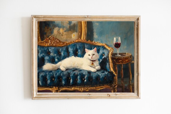 White Cat Lounging on Blue Velvet Sofa With Wine Glass Poster