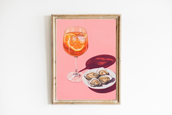 Trendy Aperol Spritz Cocktail And Oysters Bar Cart Illustrated Poster