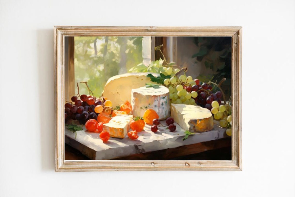 Vintage Cheese and Grapes Still Life Oil Painting Style Art Print