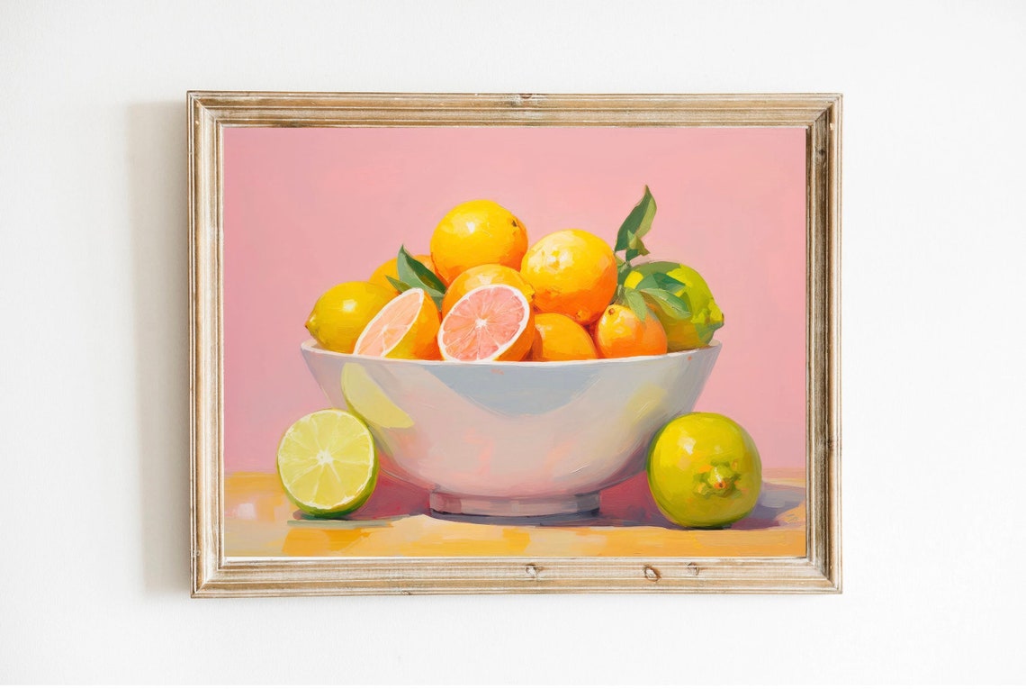 Fresh Citrus Fruit Bowl Lemons Limes Oranges Painting Poster Pink