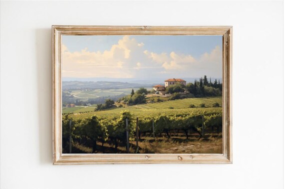 Tuscan Villa Cypress Vineyard Rolling Valley Sunset Oil Art Poster
