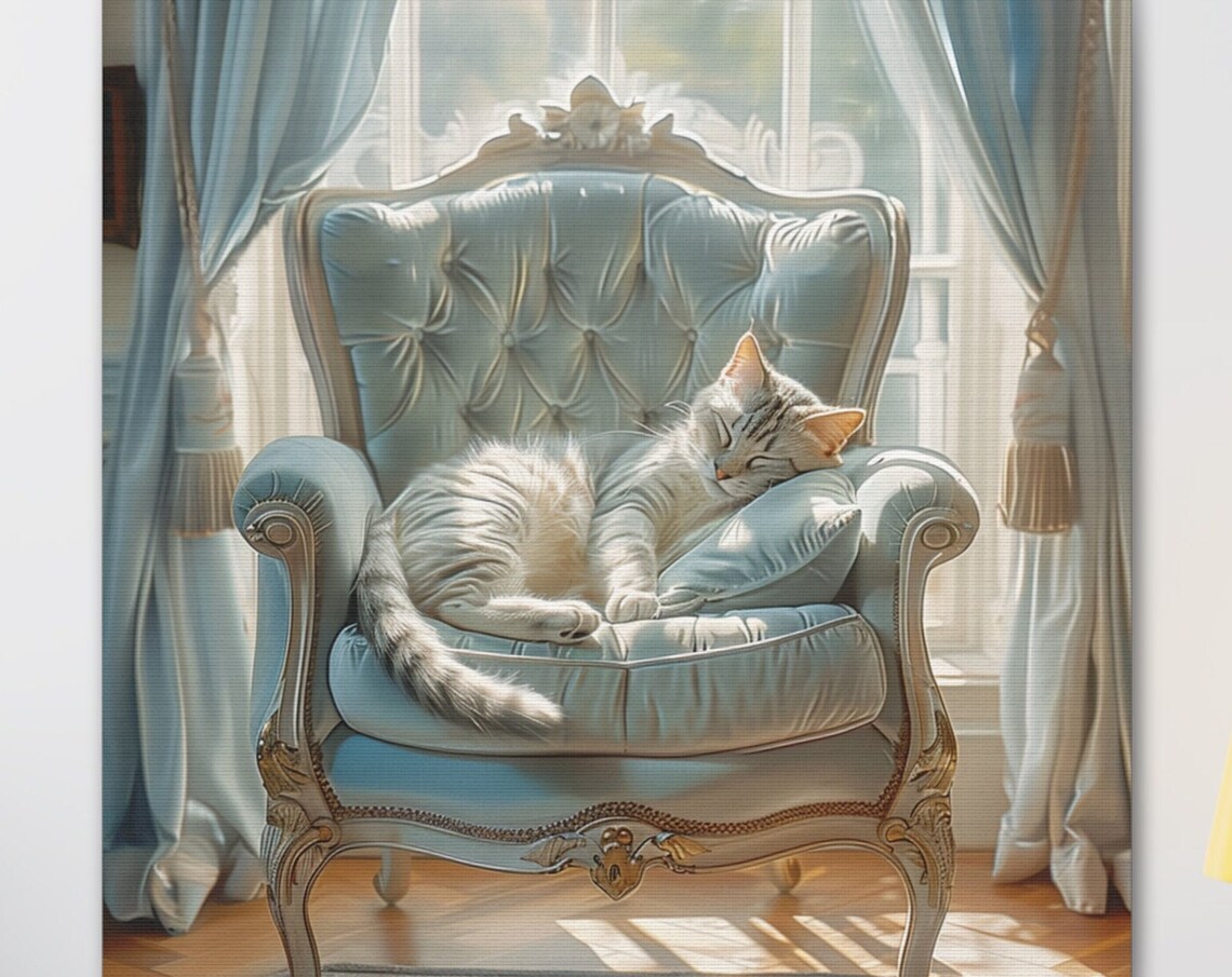 Sleeping Silver Tabby Cat Curled on a Blue Tufted Chair Poster - Image 7