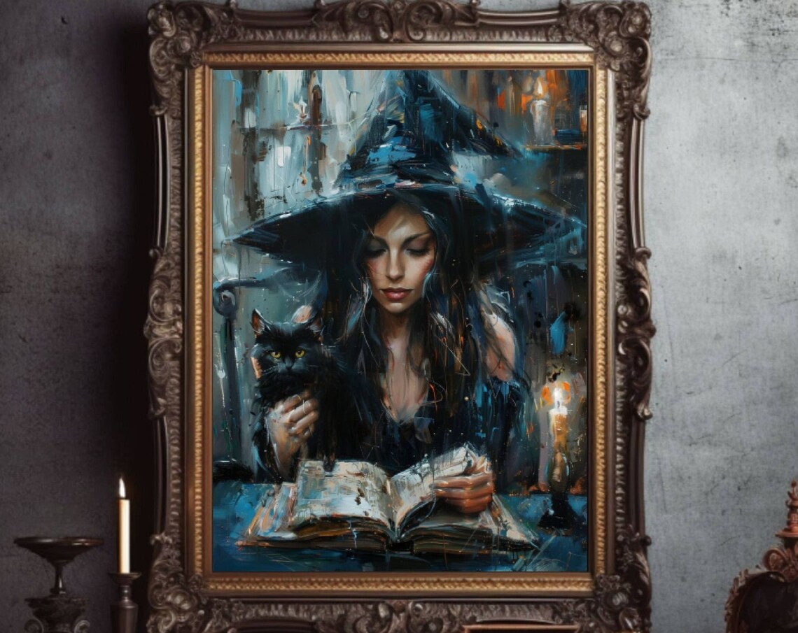 Witch Reading A Spellbook By Candlelight With Black Cat Poster