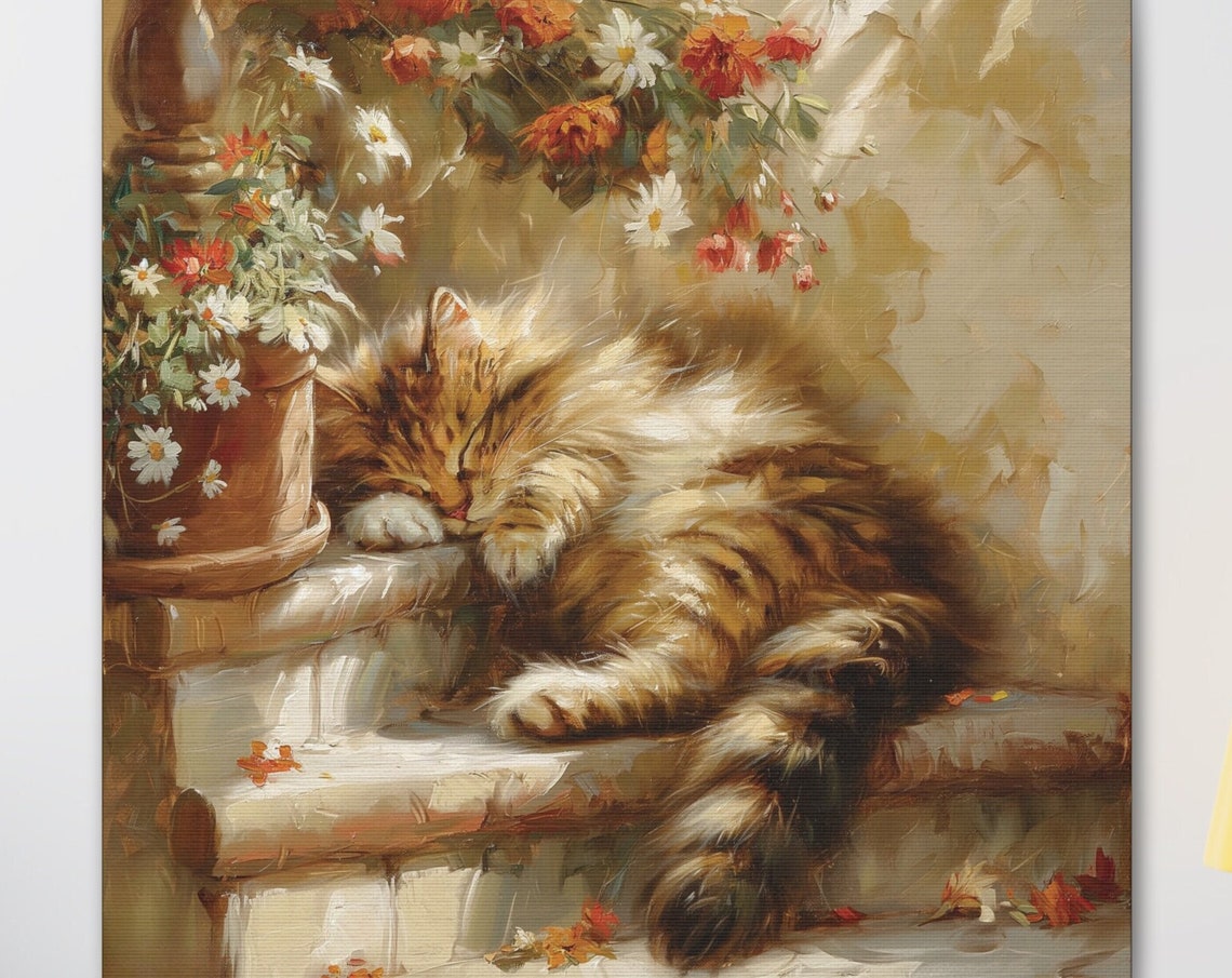 Fluffy Tabby Kitten Sleeping on Stone Steps with Flowers Poster