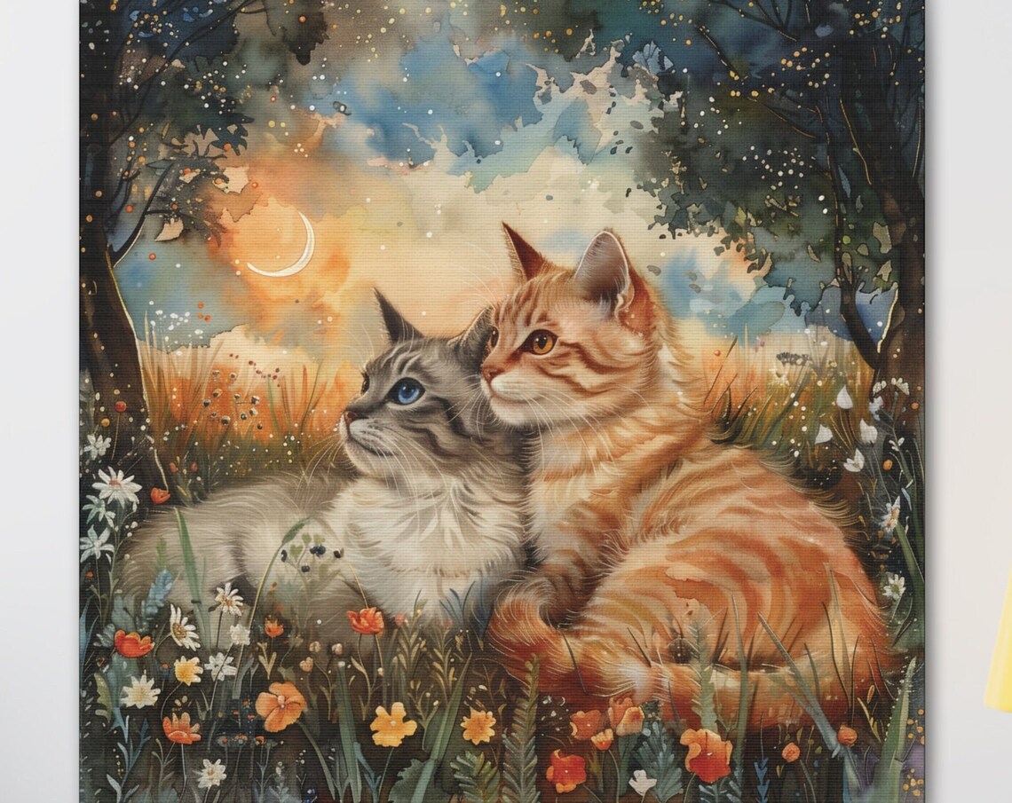 Two Cuddling Cats in a Dreamy Moonlit Wildflower Meadow Poster - Image 7