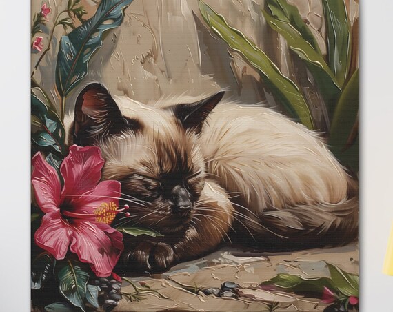 Siamese Cat Sleeping Beside Pink Hibiscus Flower Painting Poster