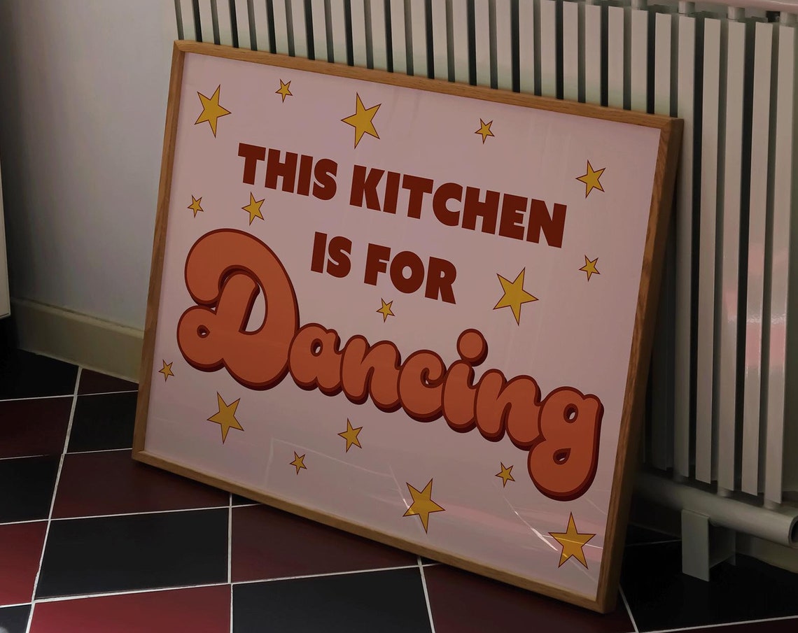 This Kitchen Is For Dancing Poster with Retro Orange Stars and Script - Image 2