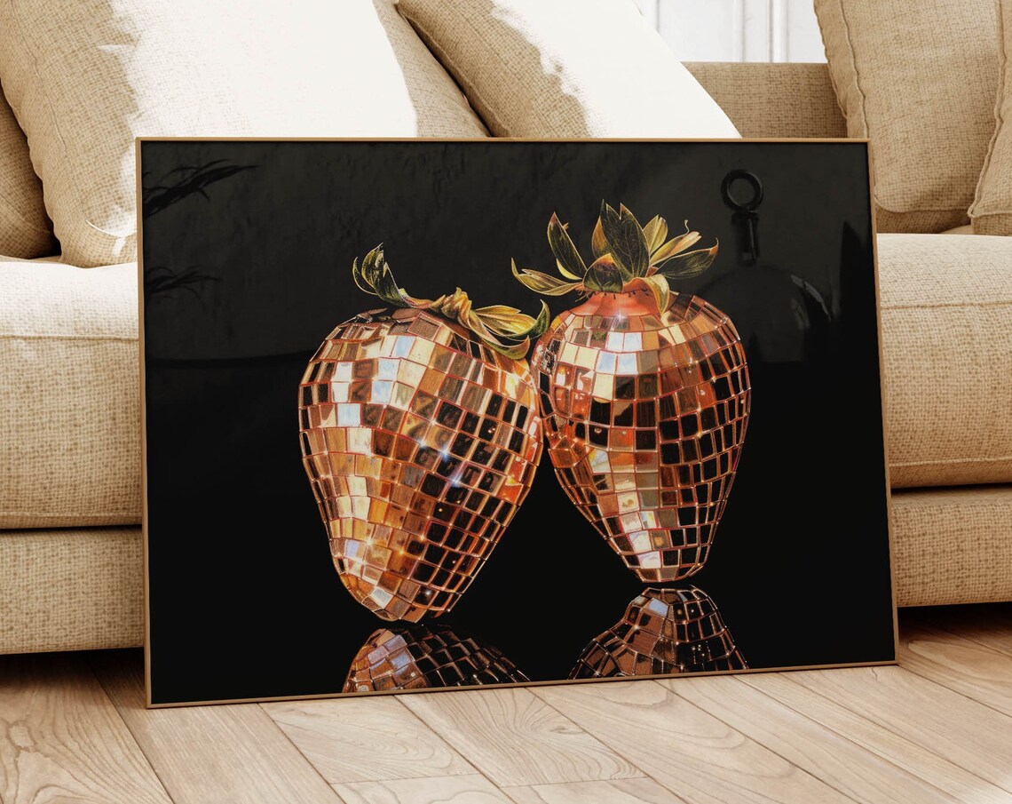 Golden Disco Ball Strawberry Pair on Black Funky Retro Art Poster
