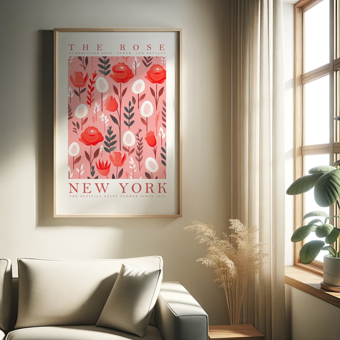 New York Rose State Flower Red Floral Pattern Botanical Poster