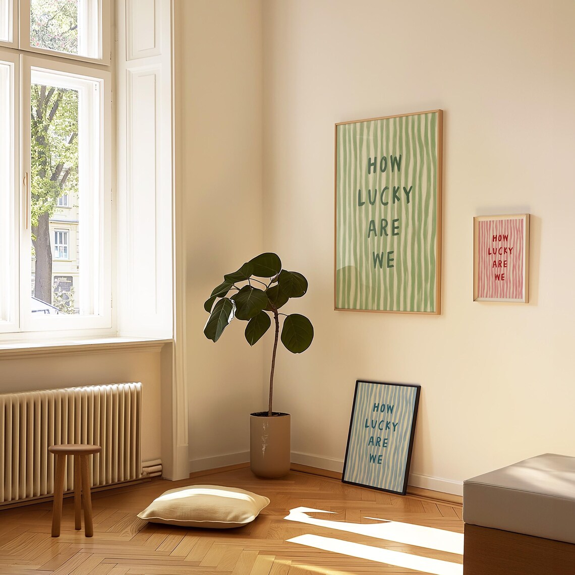 How Lucky Are We Quote Art Print, Lilac Stripe - Image 3
