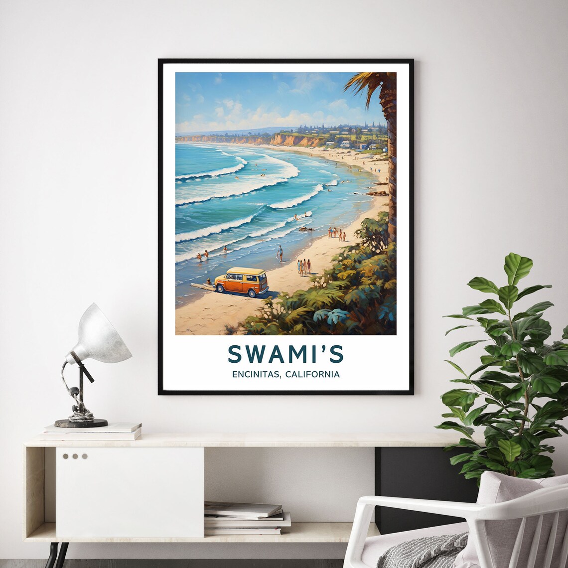Swamis Encinitas California Retro Surf Beach Scene Art Poster - Image 2
