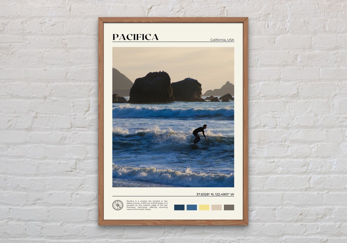 Pacifica California Sunset Surfer Ocean Waves Photography Poster