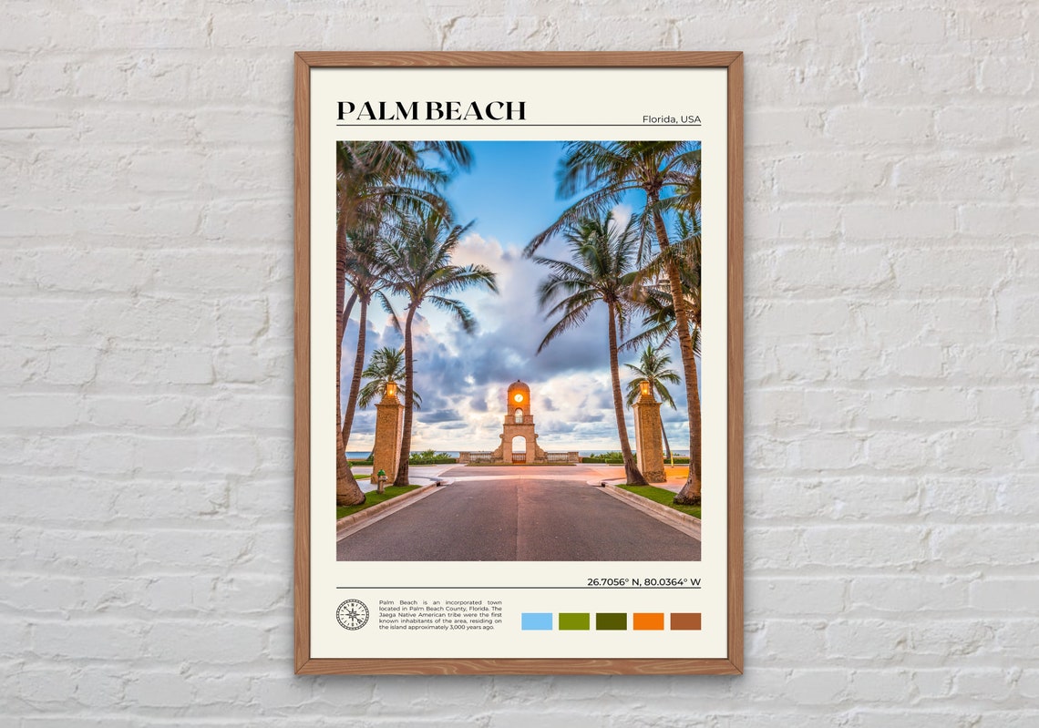 Palm Beach Florida Clock Tower Palm Tree Golden Sunset Poster