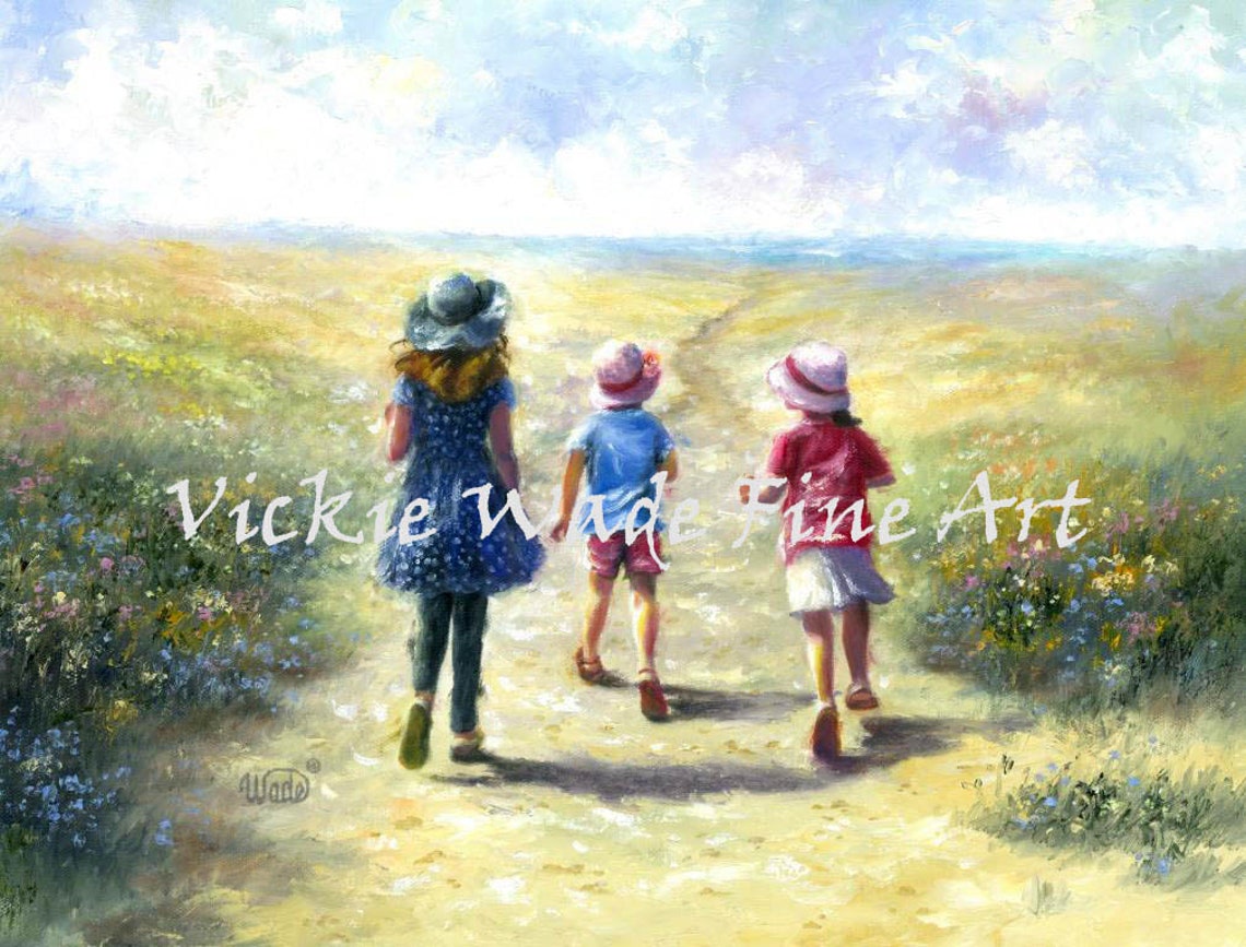 Three Girls In Sun Hats Walking Down A Sunny Meadow Path Poster