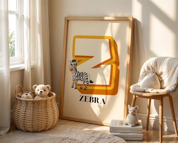 Zebra Neutral Nursery Alphabet Art Unique Abc Poster For Vintage Decor Letters Preschool Homeschool Wall