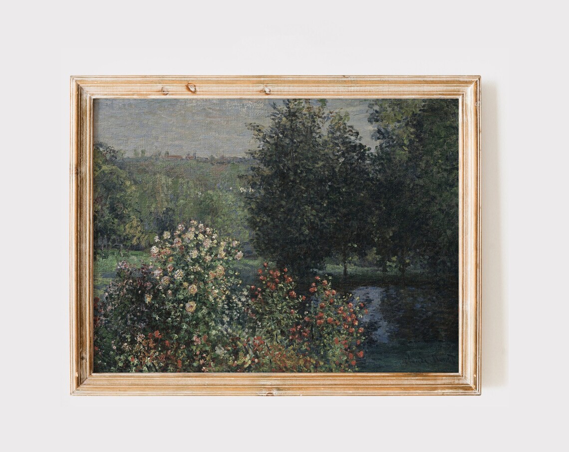 Vintage European Garden River Scene Dark Moody Oil Painting Print
