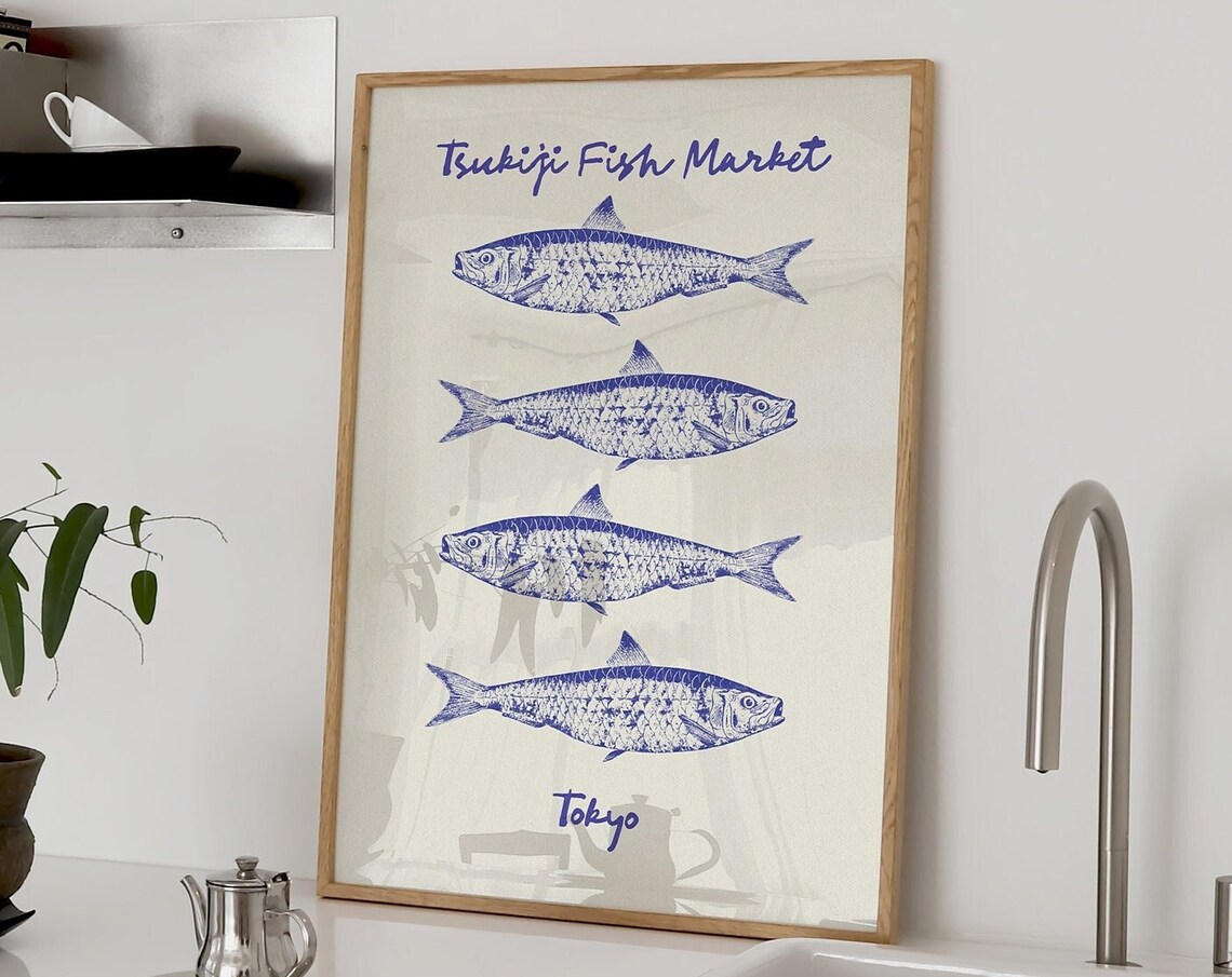 Tsukiji Fish Market Tokyo Blue Sardine Illustration Travel Poster