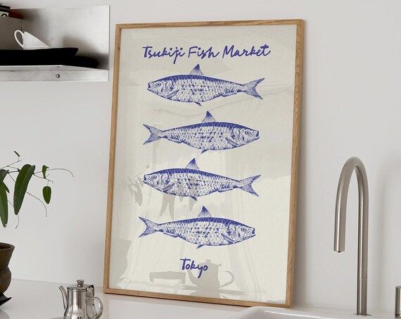 Fish Market Print Blue Vintage Retro Food Poster Mid Century Wall Art Sardine Seafood Illustration Aesthetic Kitchen Decor