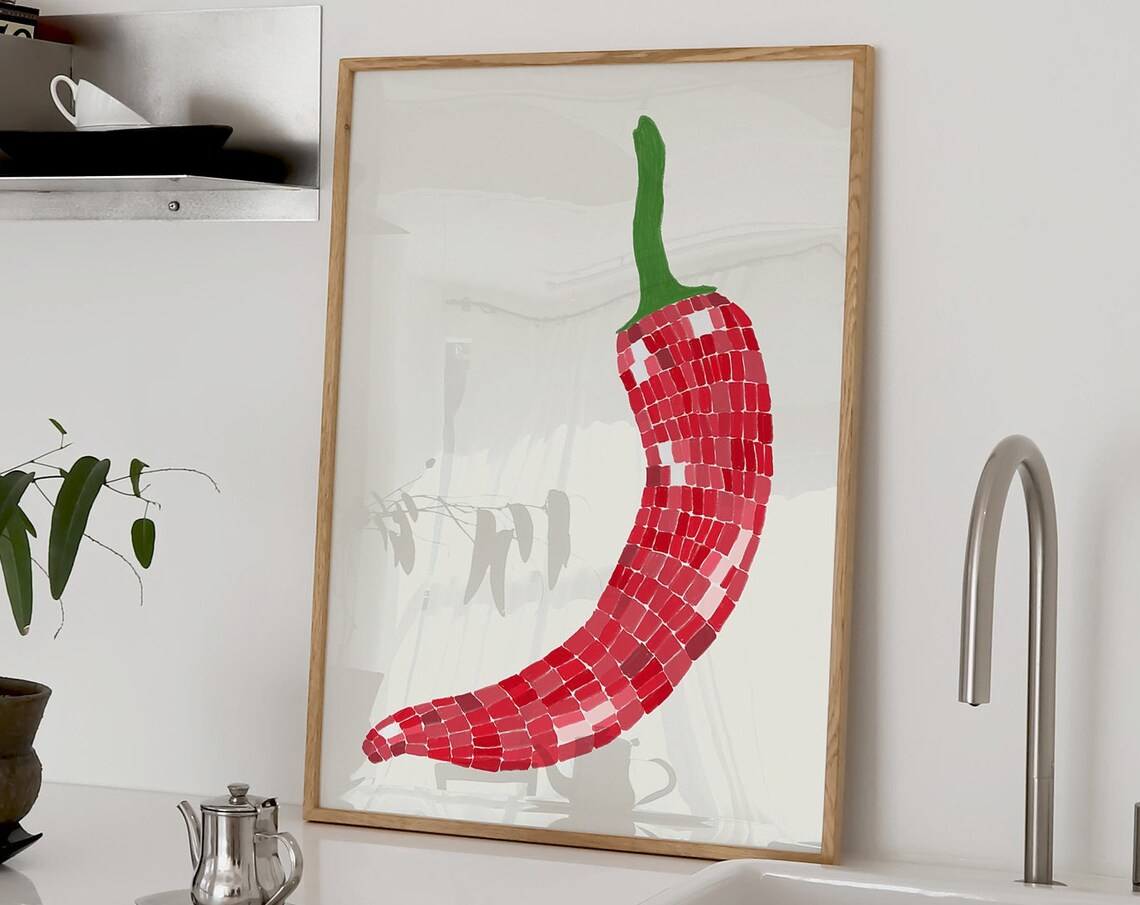 Disco Ball Chilli Kitchen Art Print, Retro Food Poster - Image 4